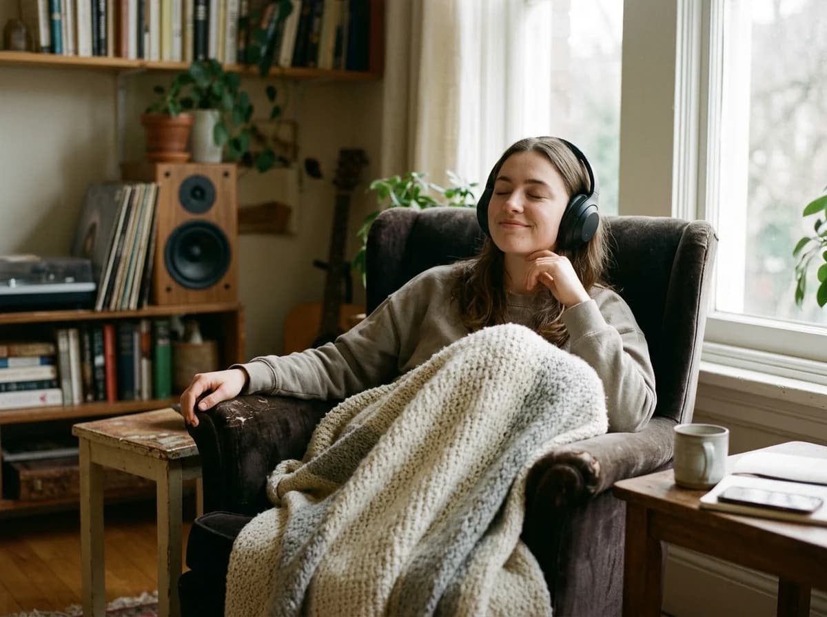 Young adult happily listening to music through headphones, deeply immersed in the experience.