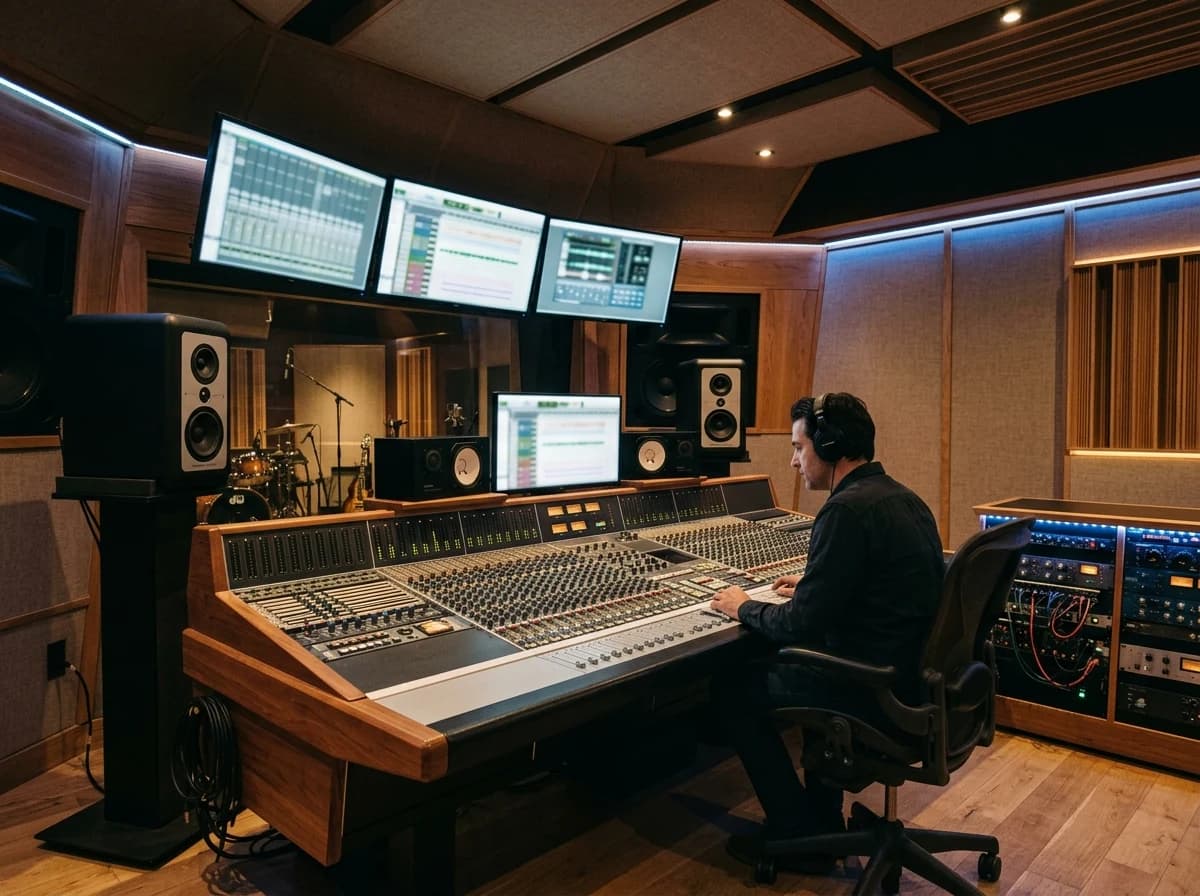 High-end music recording studio with mixing console, monitors, and acoustic paneling, ready for production.