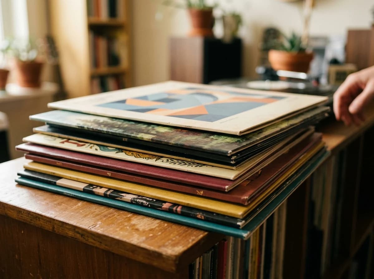 Close-up of a stack of artistically designed vinyl records, showcasing unique album art.