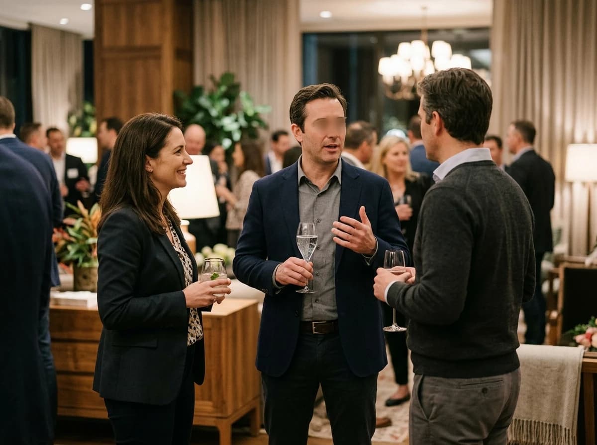 Three adults engaged in a lively but professional conversation at a networking event, seen from behind or from a distance, with drinks in hand. The setting is upscale, hinting at connection and social interaction.