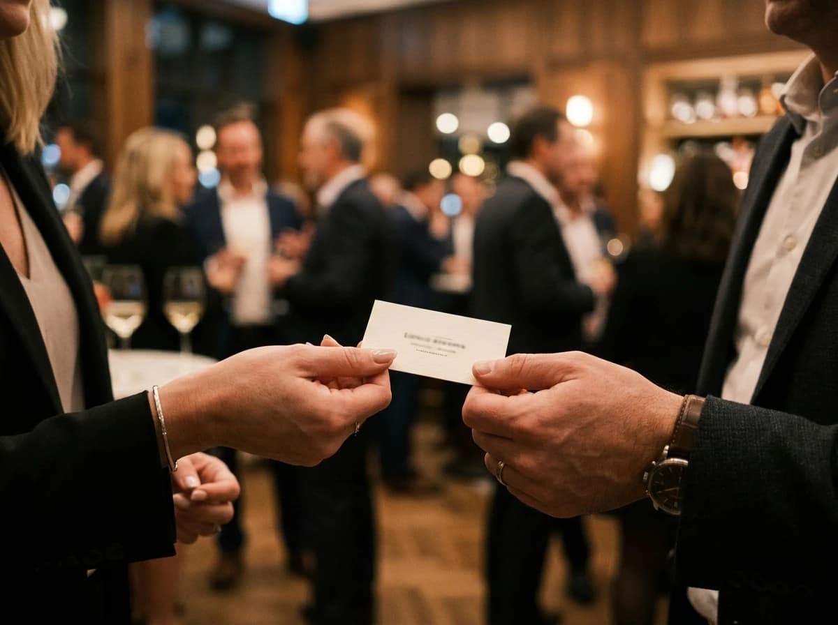 Two adults' hands gracefully exchanging generic, non-branded business cards, signifying professional connection. The background is softly blurred to suggest a sophisticated networking event, focusing on the interaction.