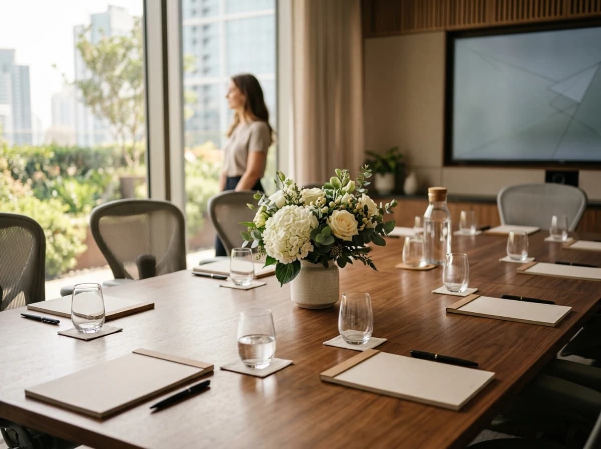 A still life of a modern conference table set for a meeting, featuring elegant water glasses, a notepad and pen, and a subtle arrangement of fresh flowers, all under sophisticated lighting, ready for a professional gathering.