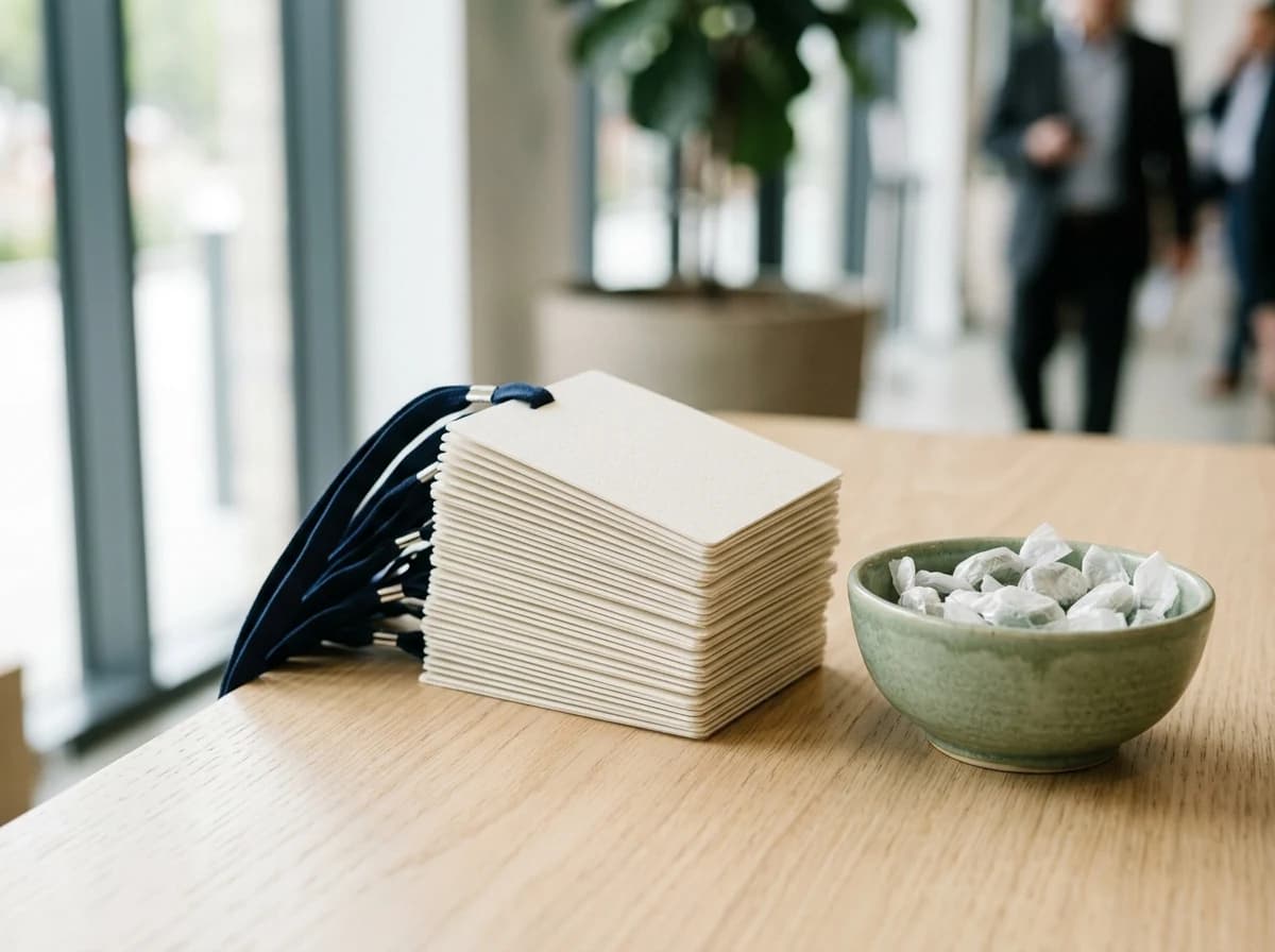 A close-up of a stack of blank or generically titled professional event badges on a reception table, next to a bowl of mints, implying preparation for a networking event. The focus is on the materials, not readable text.