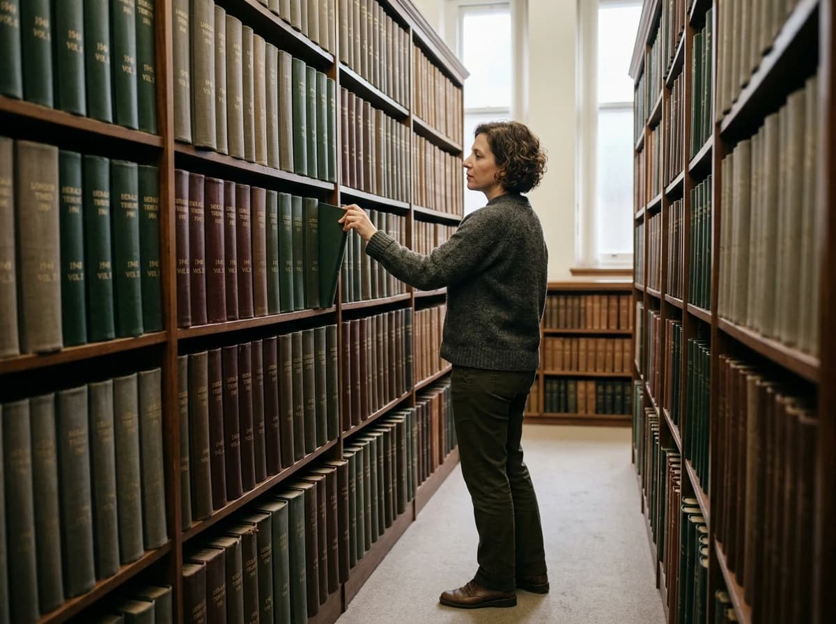 Documentary view along organized news archive shelves with neutral bound volumes and an adult researcher selecting a volume