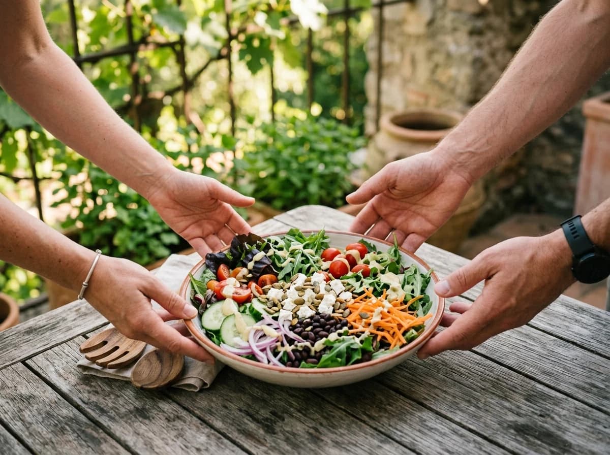 Hands reaching for a vibrant, healthy salad bowl on a rustic outdoor table with blurred background.
