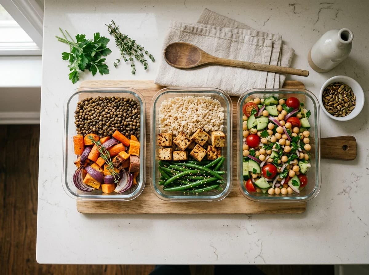 Three glass meal containers filled with colorful vegetables, grains and protein on a sunlit kitchen counter.