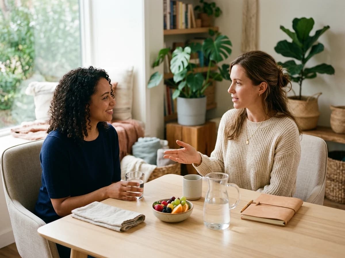 Nutrition coach in a bright office, conversing with a client over a table with a fruit bowl.