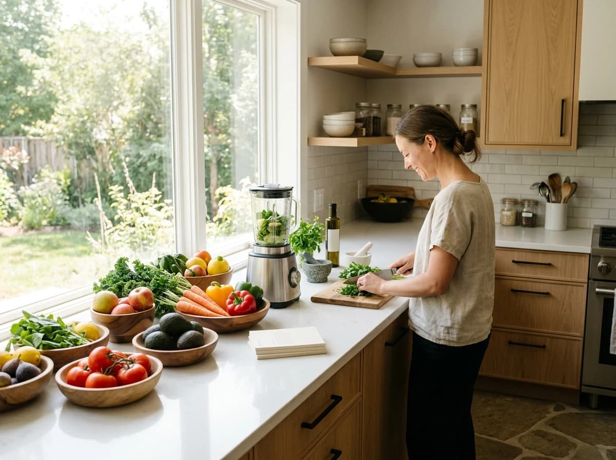 Wide shot of a modern, clean kitchen with fresh produce on a counter.