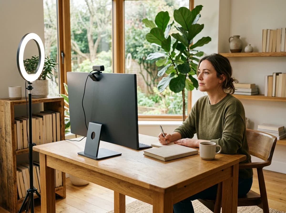 Instructor at a plain desktop teaching station with webcam, books and a ring light in a bright home studio.