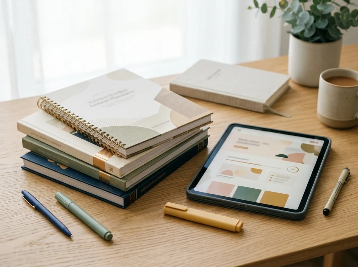 Stack of professional workbooks, pens, and a tablet displaying educational content.
