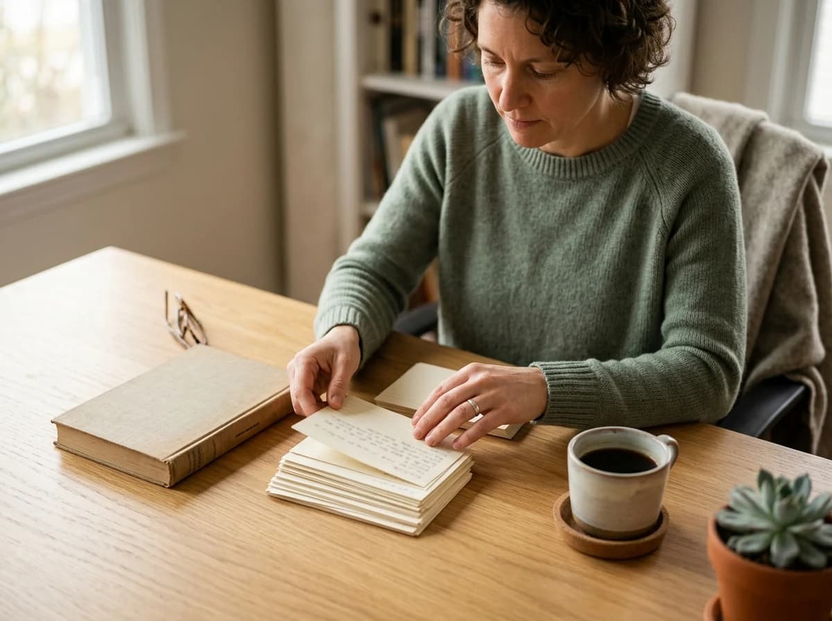 Instructor carefully organizing teaching notes and materials at a desk.