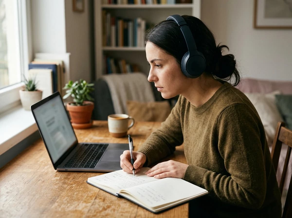 Focused adult student learning online with headphones, taking notes.