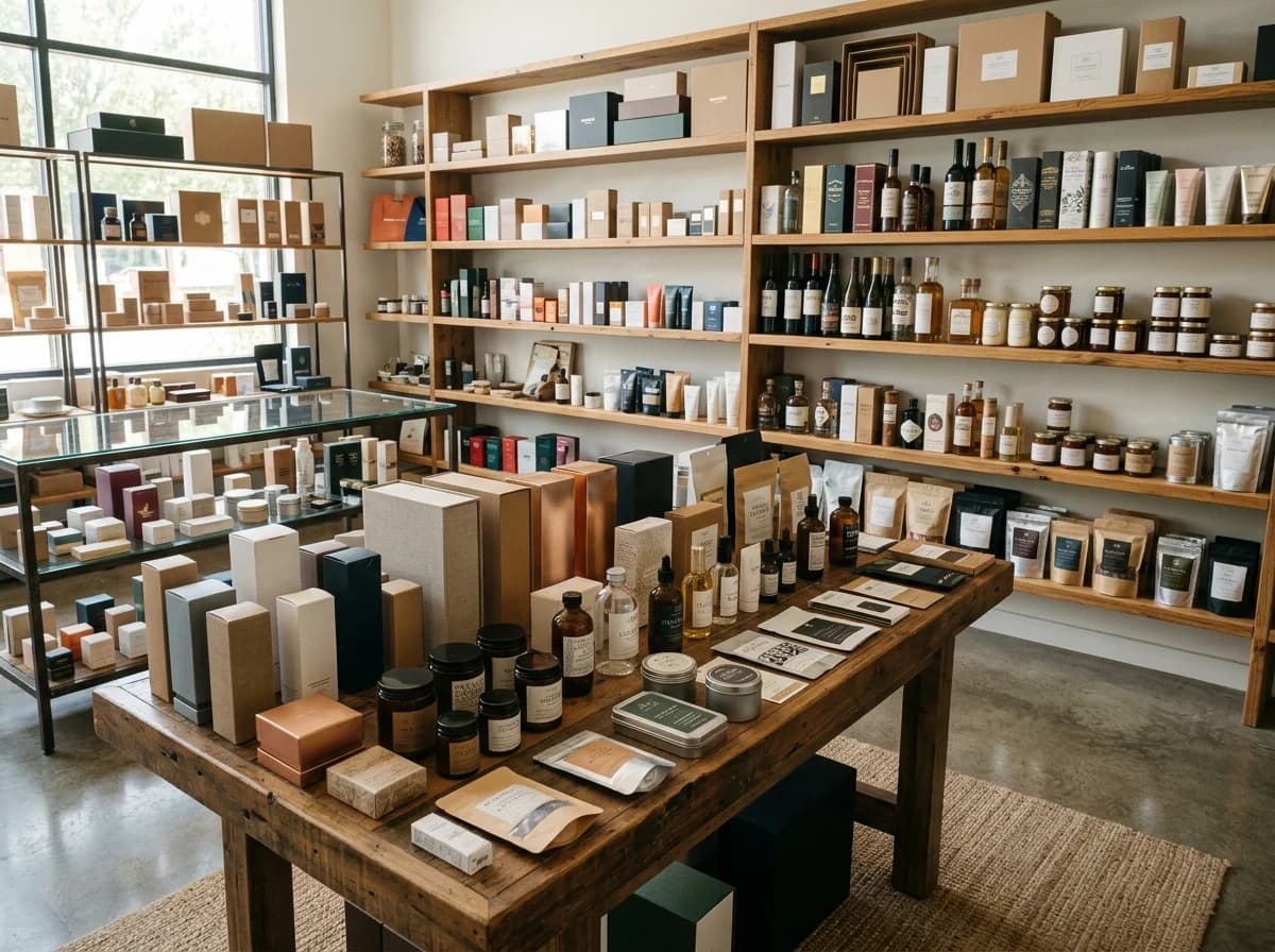 A well-organized showroom displaying a wide variety of custom packaging and label samples.