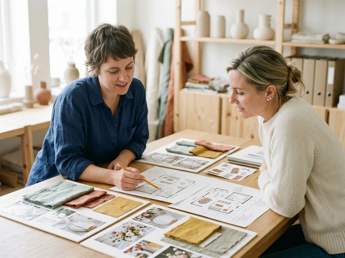 An adult woman consulting with a client, showing event layouts and rental options on a physical mood board.