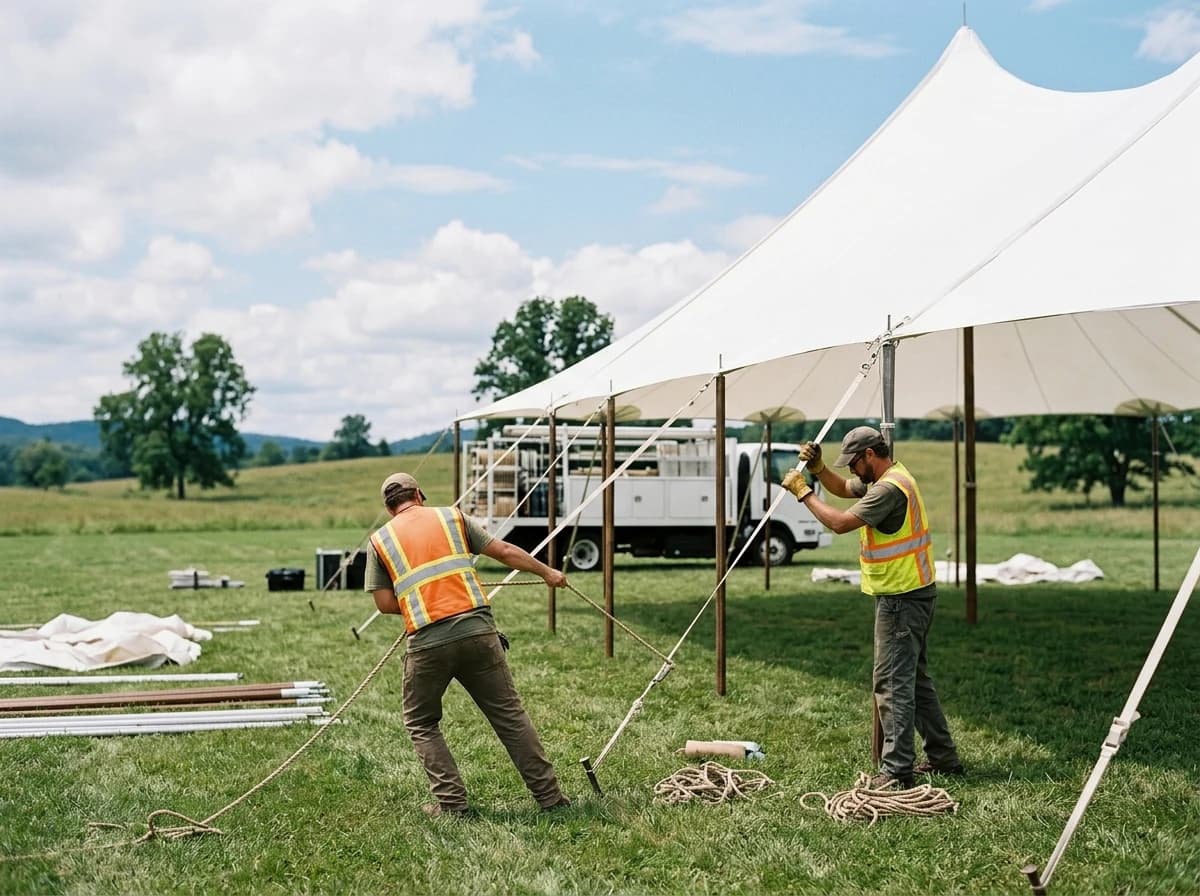 Workers setting up a large white event tent in an open field under a blue sky.