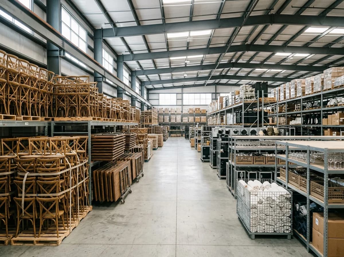 A spacious, organized warehouse filled with neatly stacked party rental equipment like chairs and tables.