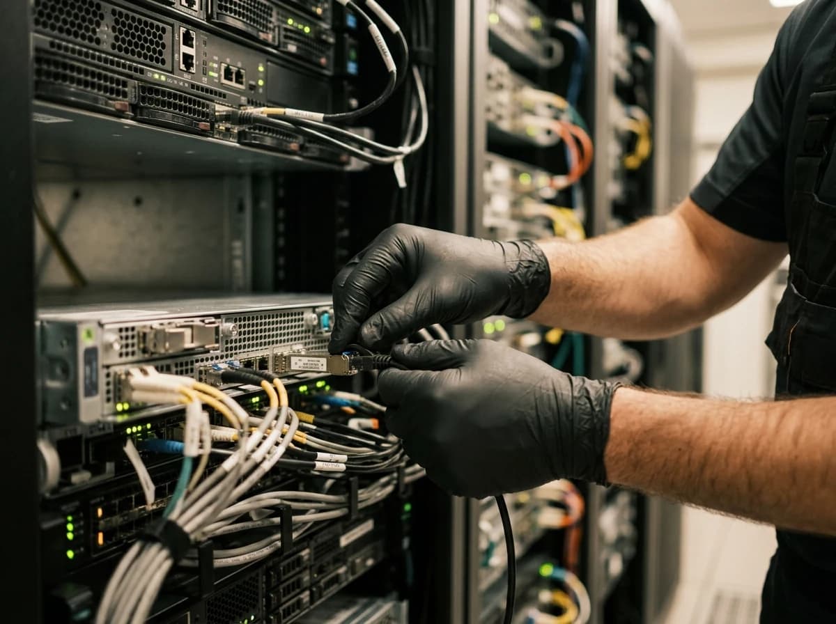 Adult technician's gloved hands making adjustments to a server rack in a data center.