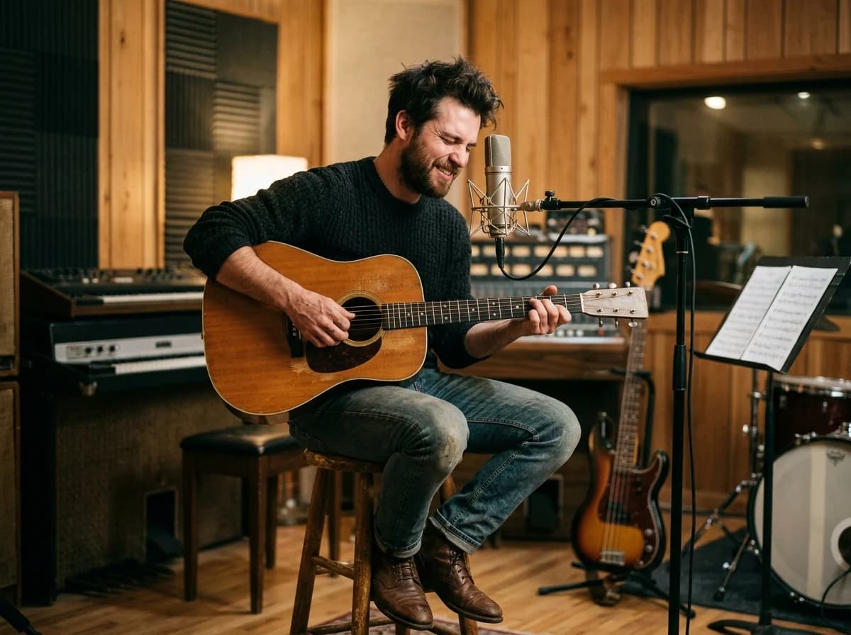 Passionate musician playing an acoustic guitar in a professional recording studio, surrounded by instruments.