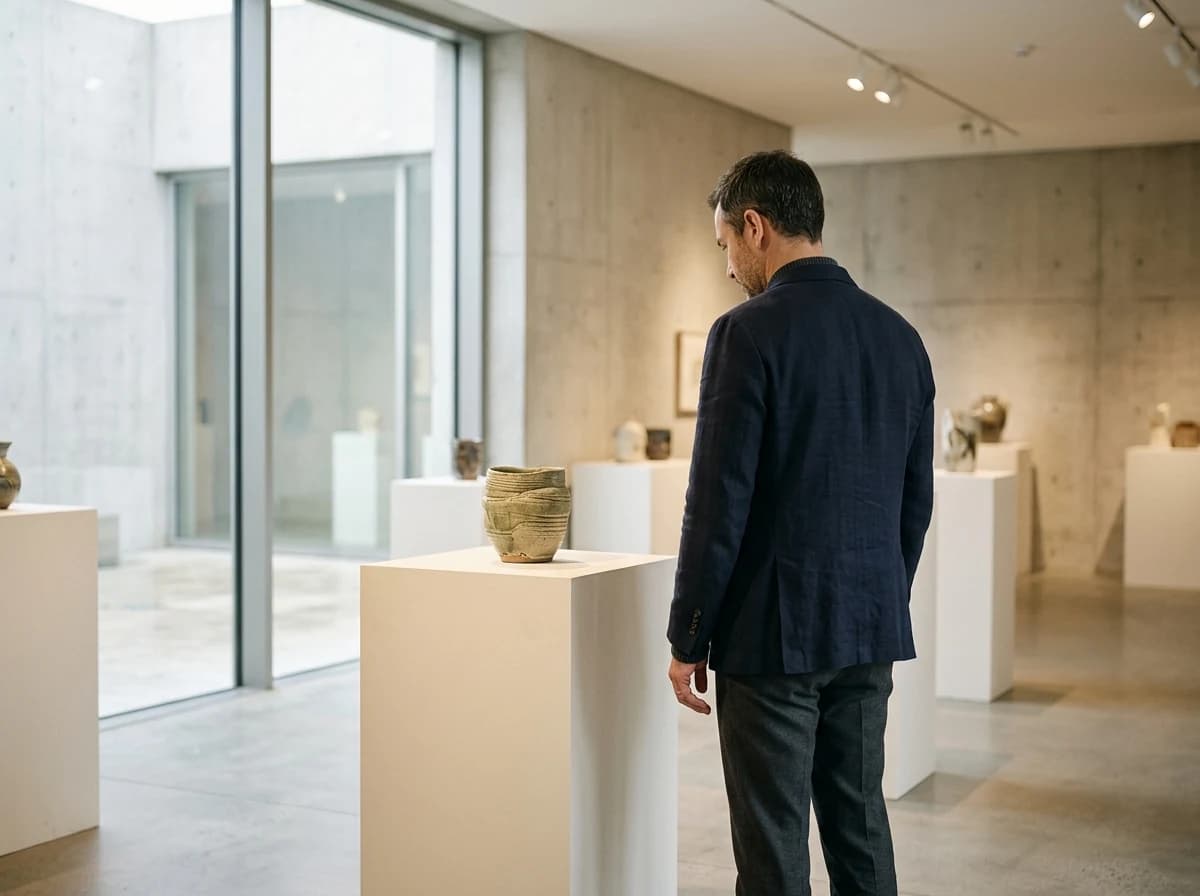 An adult admiring a piece of ceramic art at a gallery or exhibition.