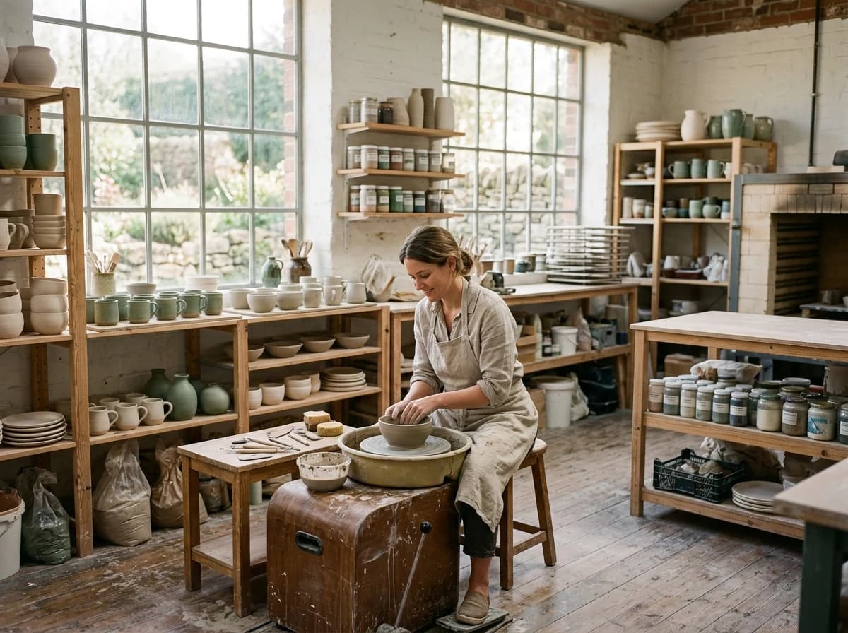 Ceramicist in a sunlit studio, surrounded by pottery tools and drying clay pieces.