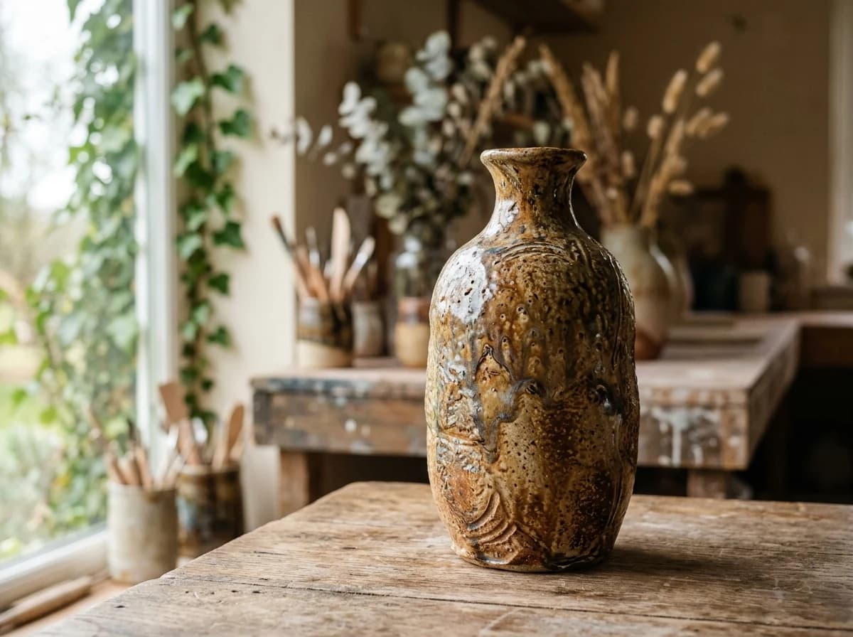 Close-up of a unique, finished ceramic vase with intricate surface texture.
