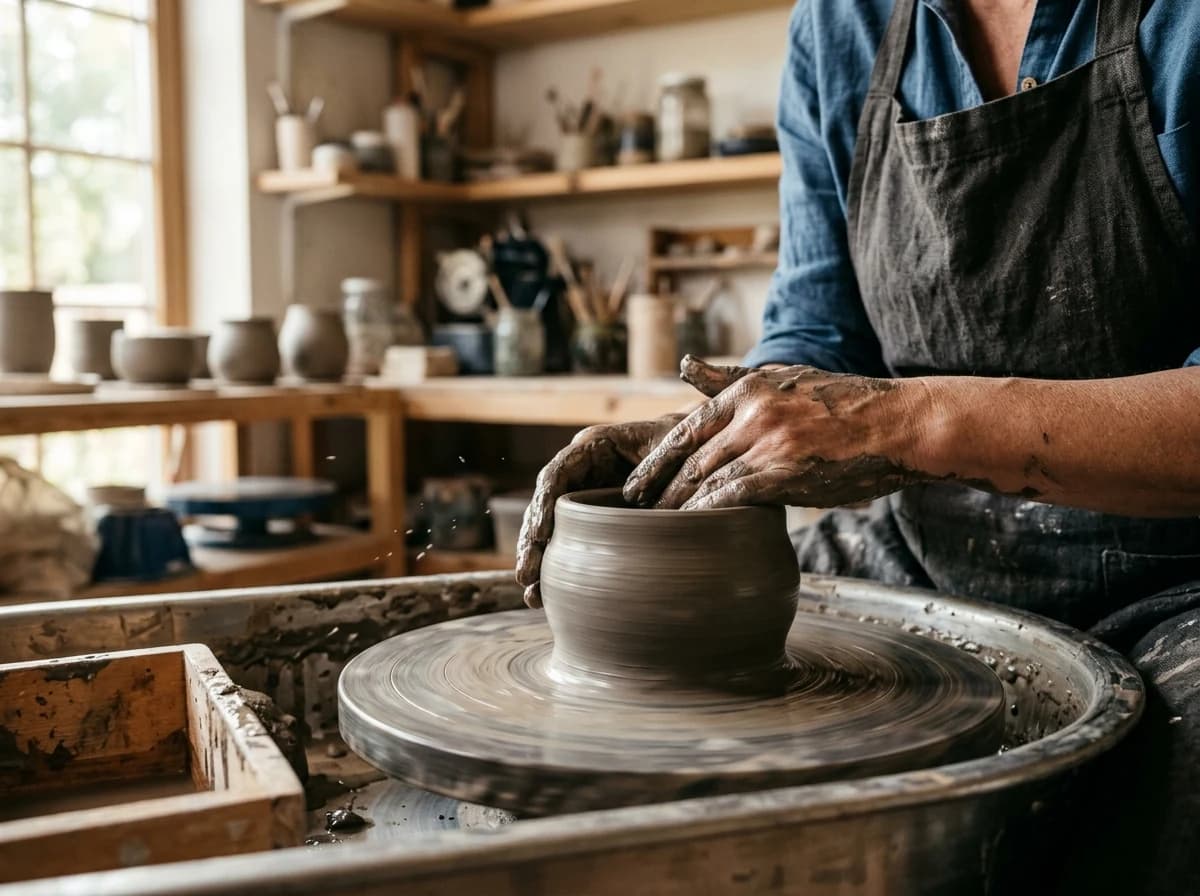 Adult hands shaping a piece of clay on a potter's wheel.