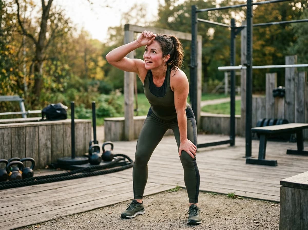Person triumphantly finishes a workout, looking strong and accomplished.