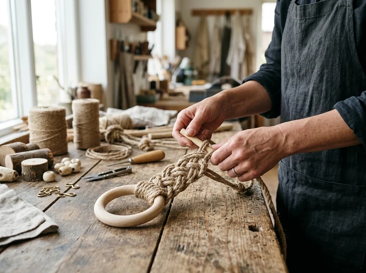 Adult hands meticulously crafting a pet toy from natural materials.