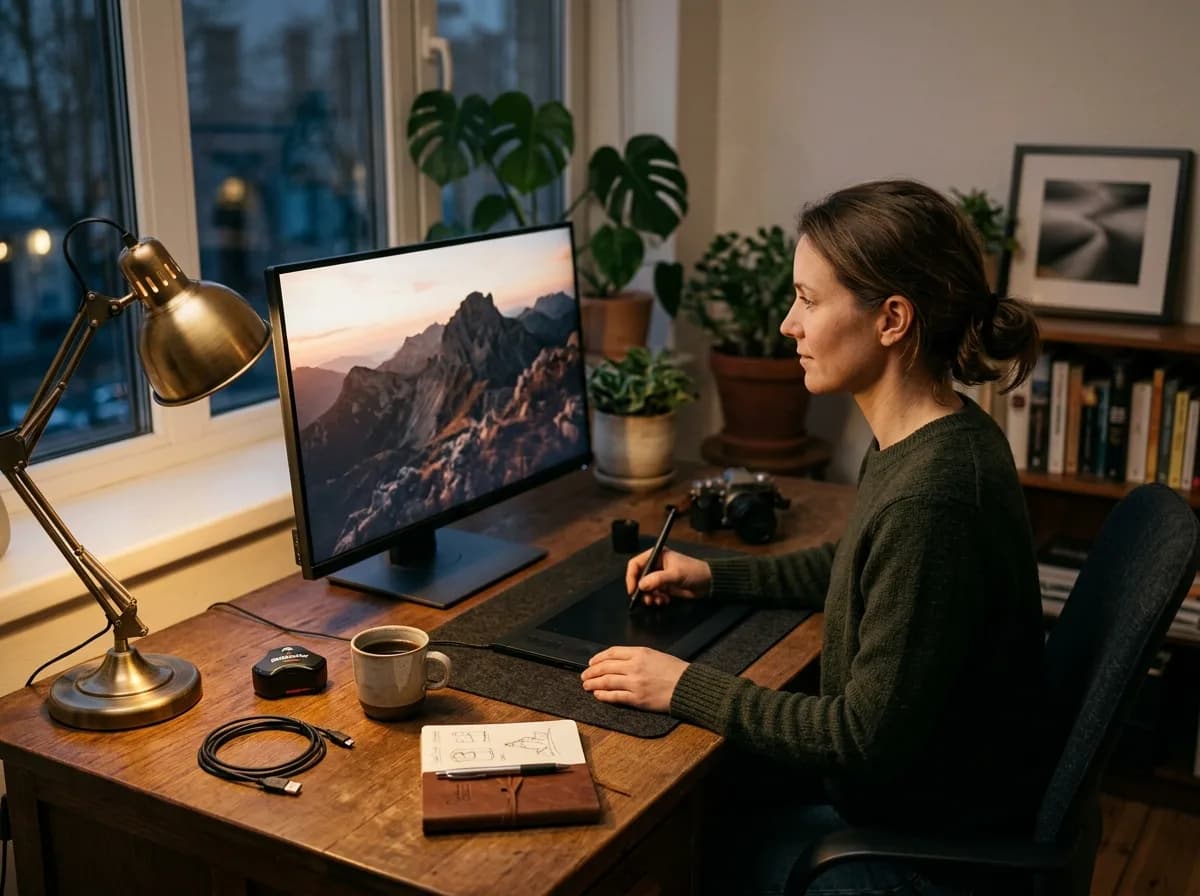 A photographer's editing desk with a large monitor, graphics tablet and calibration tools under a warm desk lamp.