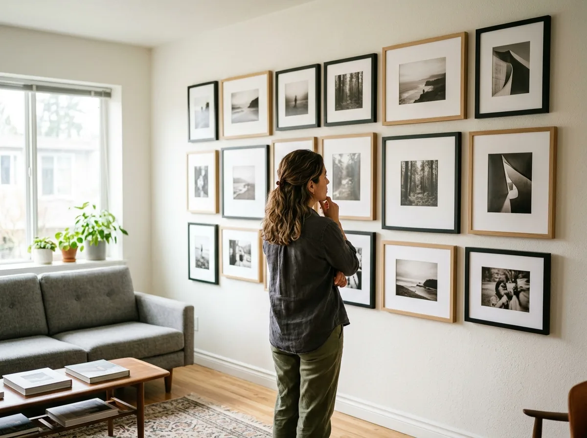 A person admiring a wall of framed photographic prints displayed in a bright, naturally lit living space.