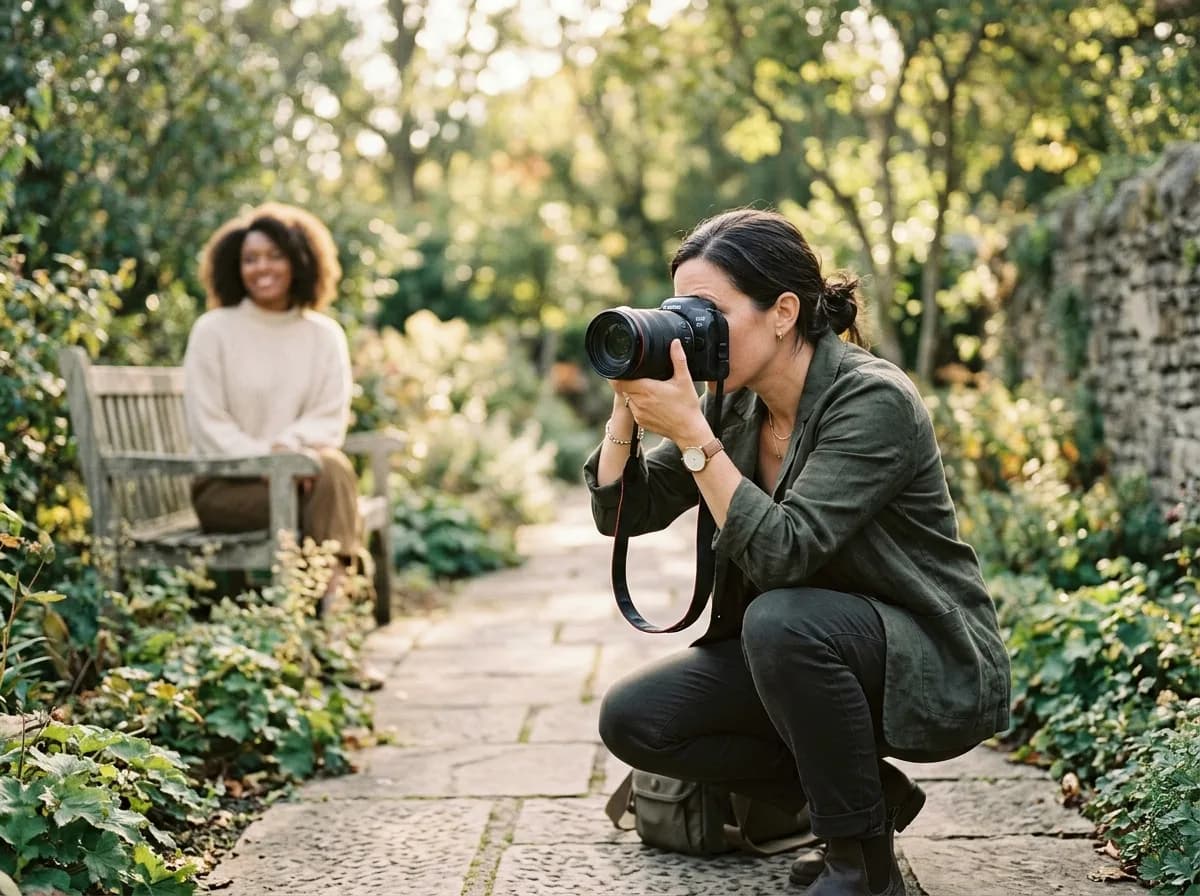 A photographer crouching with a camera to her eye, adjusting focus during an outdoor portrait session.