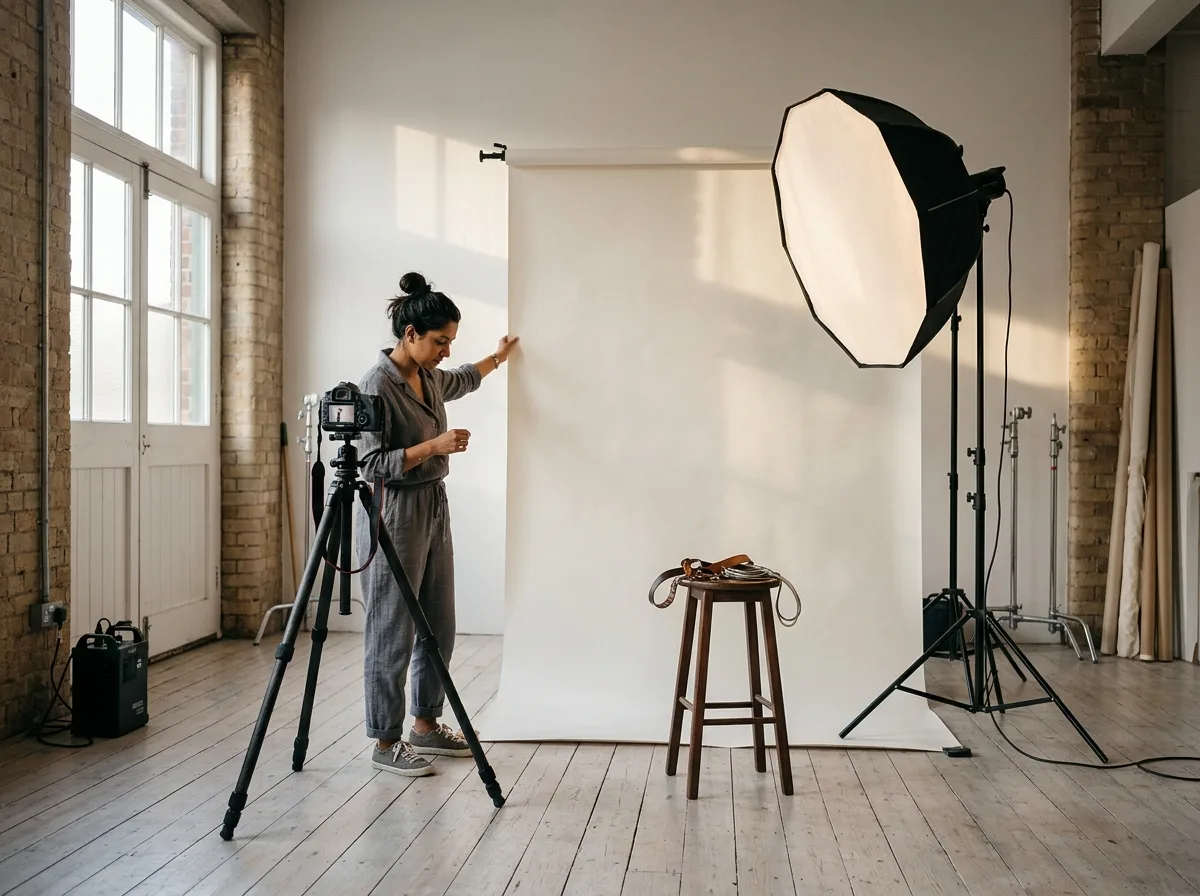 A working photography studio with a seamless backdrop, softbox lighting on stands and a tripod ready for a session.
