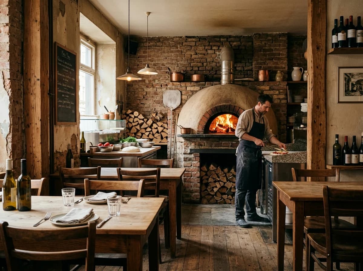 Warmly lit interior of a traditional pizzeria with a large wood-fired oven in the background.