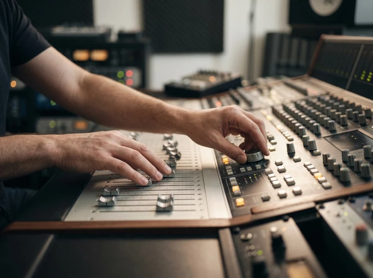 Sound engineer's hands adjusting controls on a podcast mixing console.