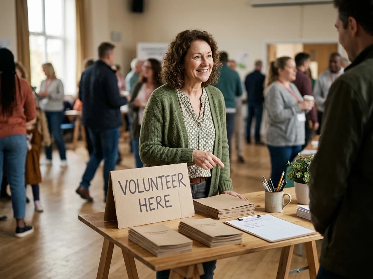 A welcoming volunteer sign-up table at a community event, with brochures and pens.
