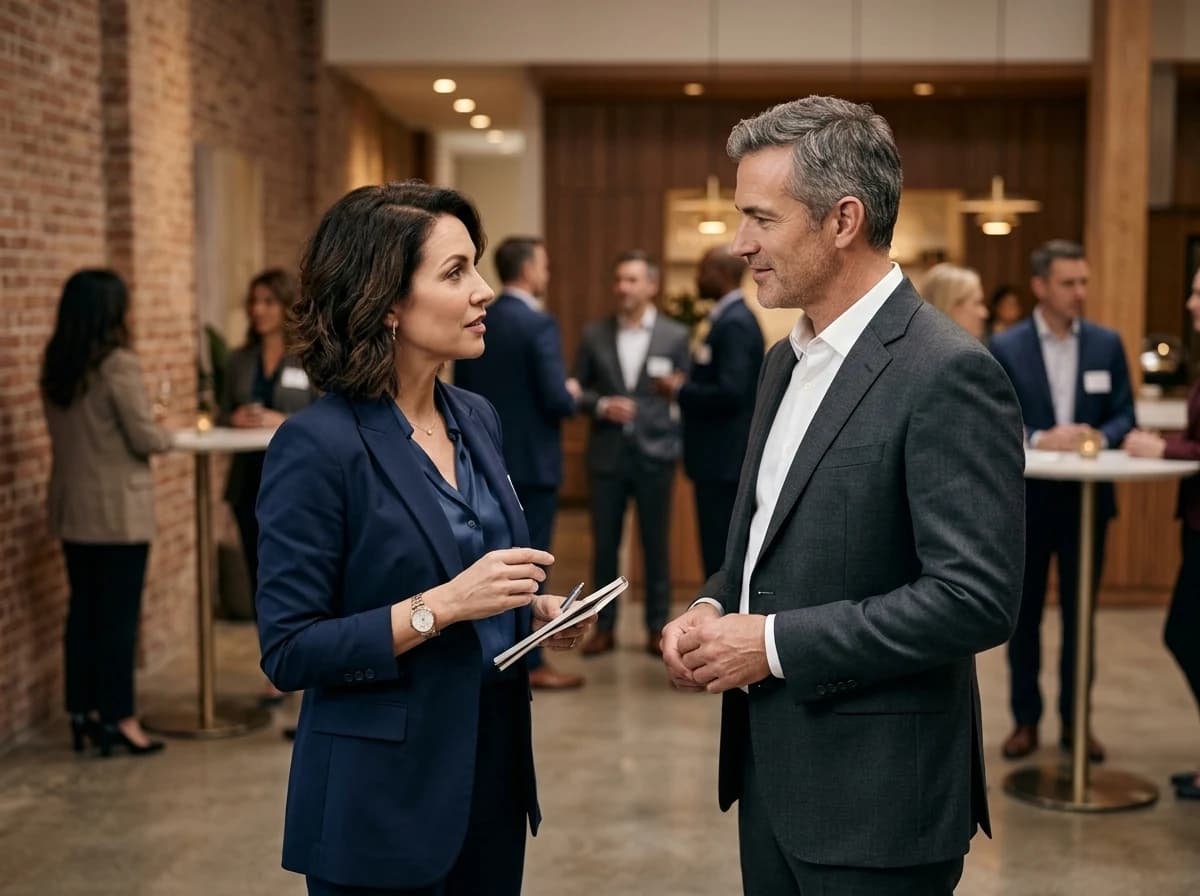 Two elegantly dressed adults, a PR professional and a client, engaged in a focused, professional conversation at a sophisticated networking event, surrounded by soft ambient light.