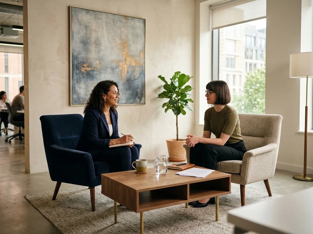 Elegant, modern office space designed for client consultations, featuring comfortable seating, a low coffee table, and soft, professional lighting, conveying trustworthiness.