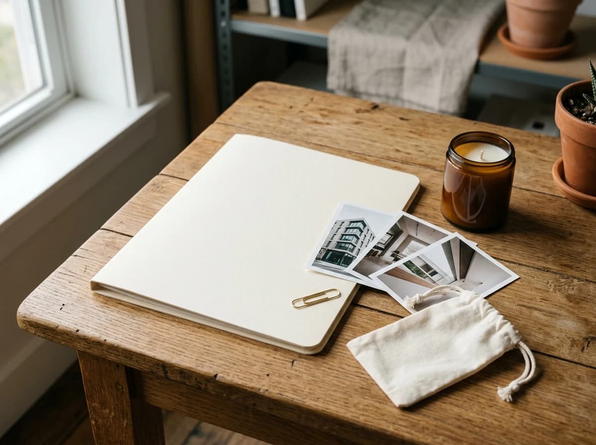 Unbranded stationery and product samples arranged as a public relations media kit