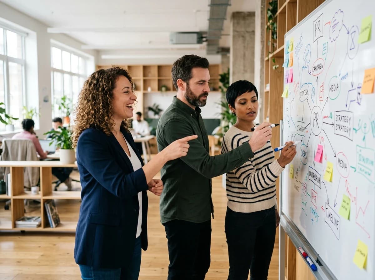 Three adult PR professionals actively brainstorming ideas on a large physical whiteboard with colorful markers, showing engagement and collaborative problem-solving.