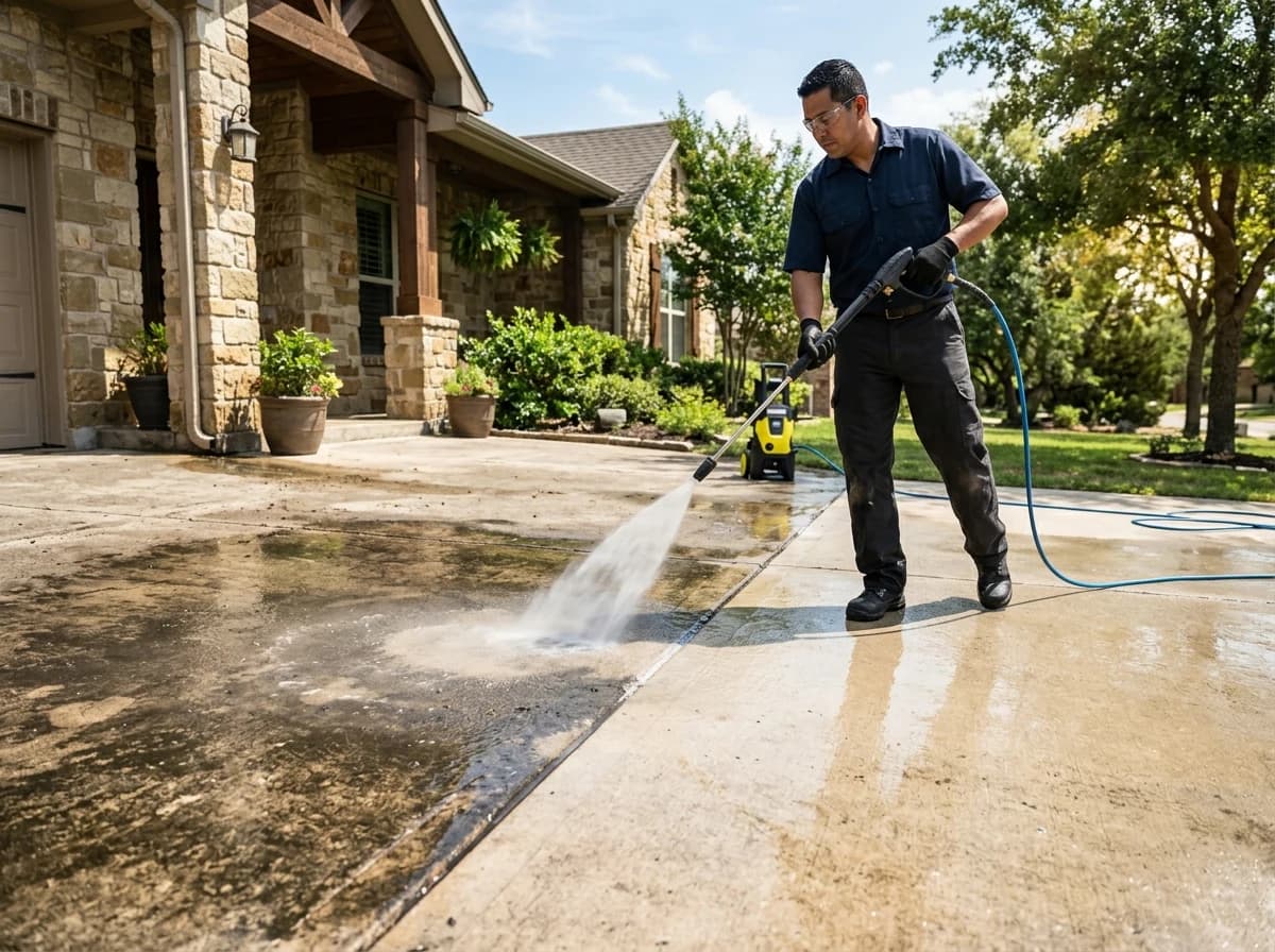 Pressure washer cleaning a concrete driveway, showing a clear before-and-after line.