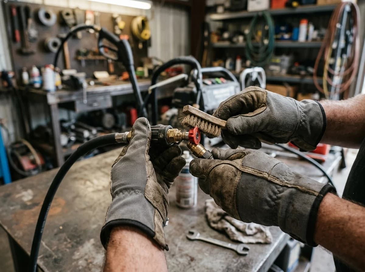 Close-up of hands maintaining a pressure washer nozzle, demonstrating attention to detail.