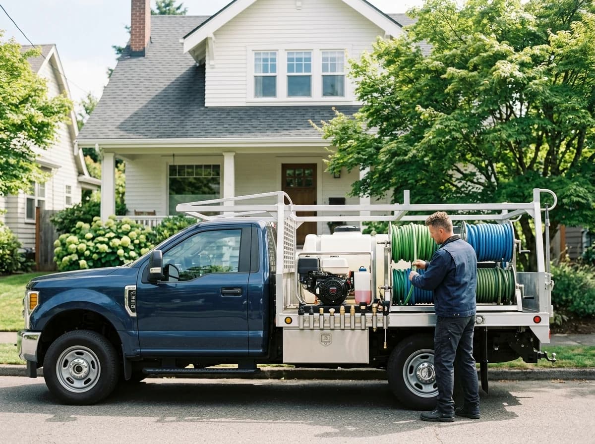 Clean, organized pressure washing truck with hoses and equipment at a residential property.