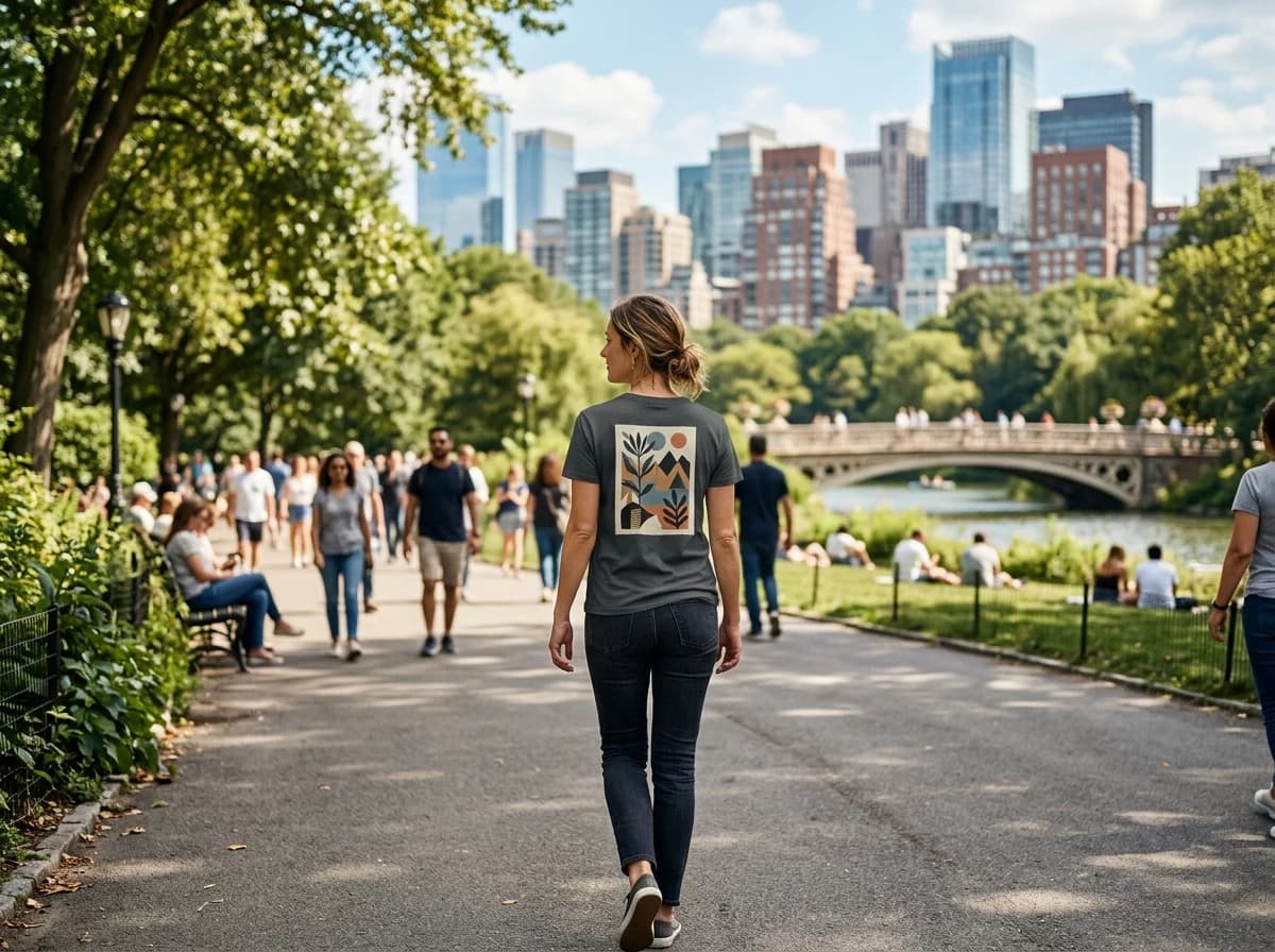 An adult walking in a city park, wearing a custom-designed t-shirt.