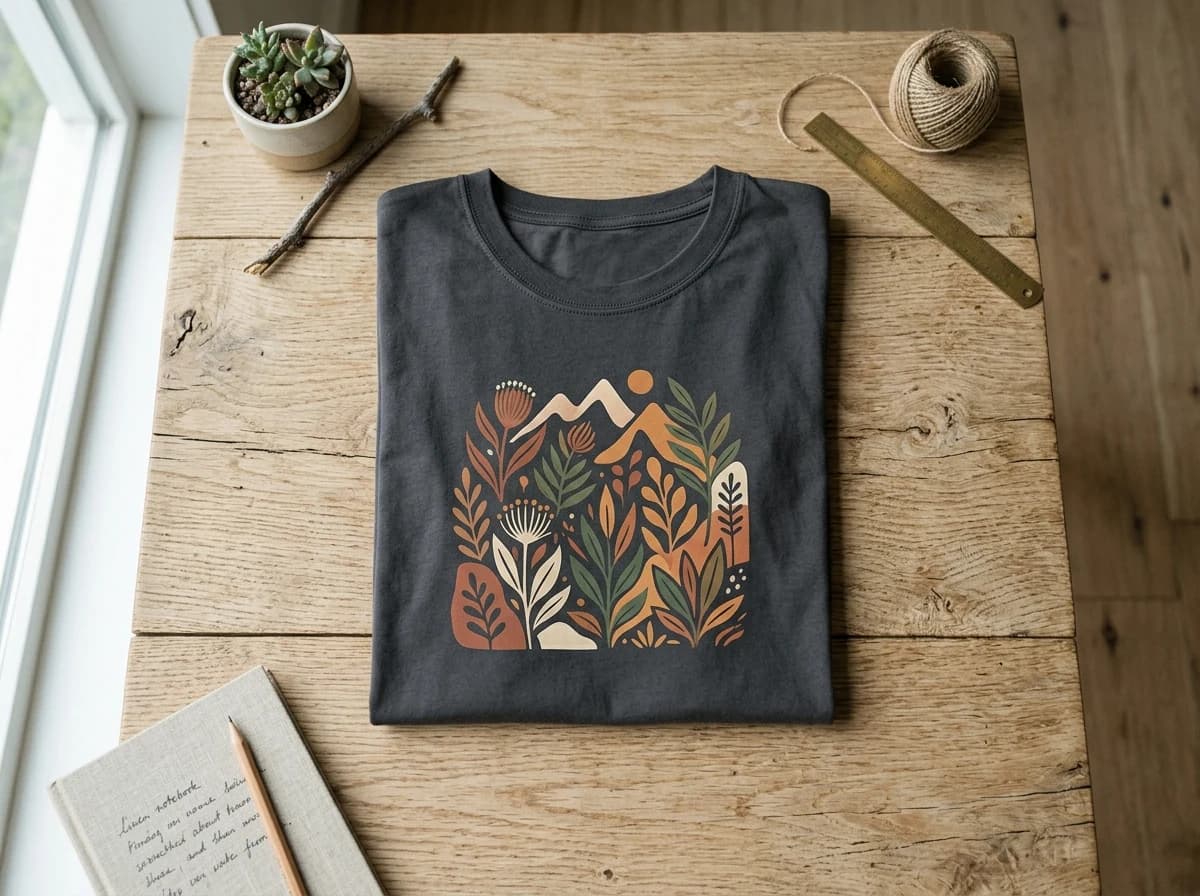 A neatly folded custom-designed t-shirt on a minimalist background.