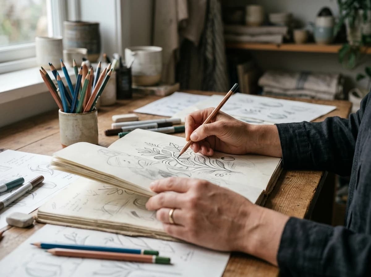 Adult hands sketching a design on paper, surrounded by art supplies.