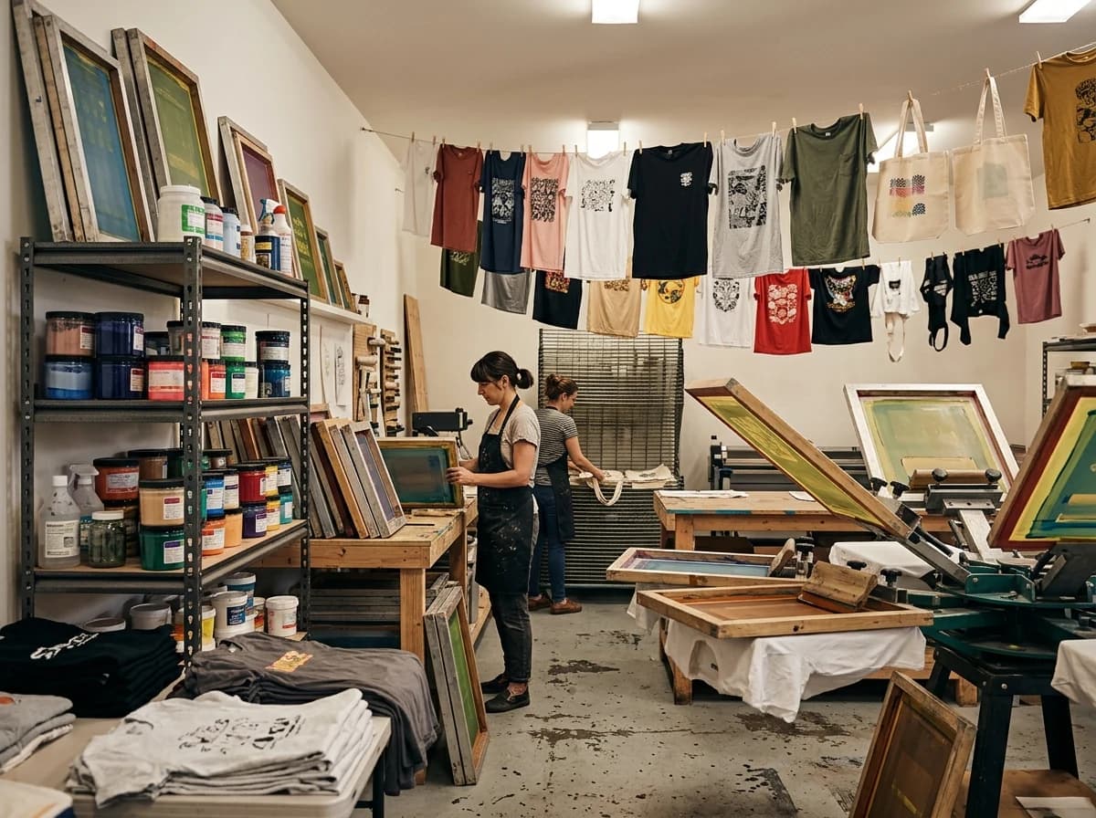 Interior of a small, organized screen printing workshop with equipment and finished textiles.