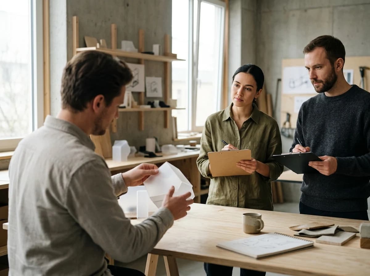 Two product designers observing a user interacting with a physical prototype, taking notes diligently.