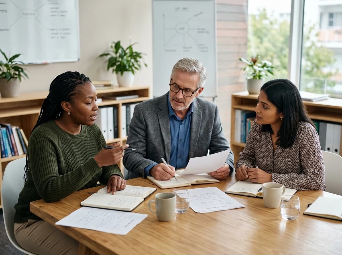 Three adult psychologists collaborating and discussing client cases around a large conference table.