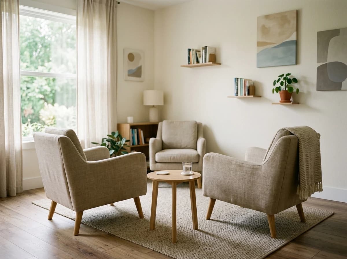 A calming, modern therapy office with two comfortable chairs, a small table, and subtle decor.