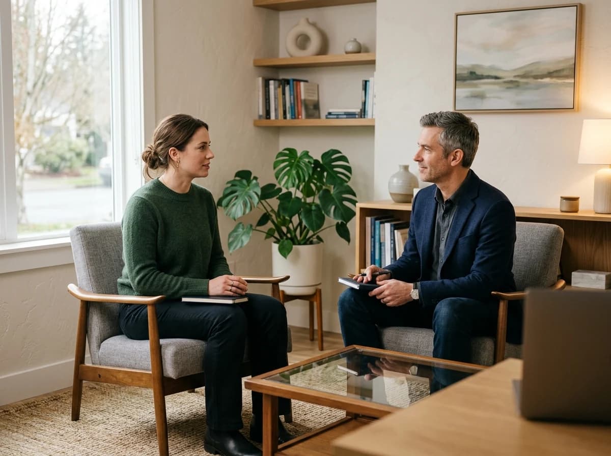 A male psychologist consulting with an adult female in a bright, professional office setting.